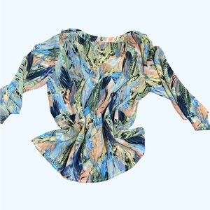 Sunny Leigh multicolor blouse, chiffon, 3/4 loose sleeves, ruffled neckline, L